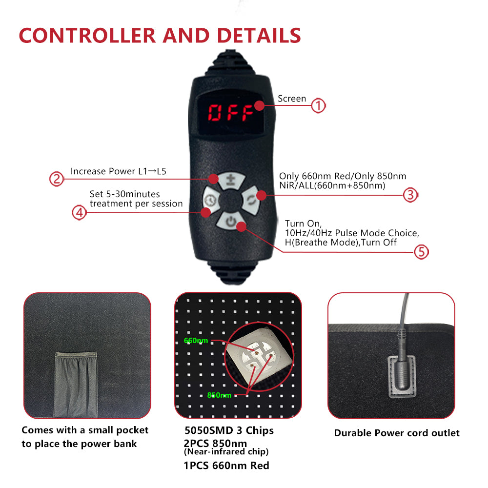 Red Light Therapy Pad Wearable 660nm & 850nm Infrared Light Therapy Mat Devices 31.5" x 11.8" Large Wrap Belt for Body Back Shoulders Waist Joint Muscle Pain Relief